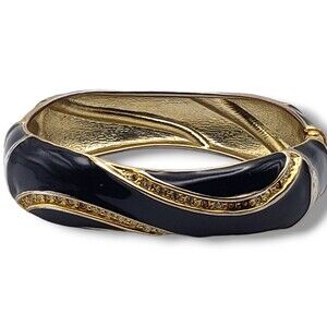 Vintage Wide Gold Tone Black Enamel Channel Set Swirl Hinged Bracelet Art Deco